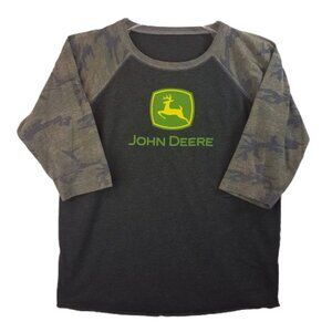 JOHN DEERE Tee Shirt Youth Large Y/L Unisex 3/4 raglan sleeve camo farm country